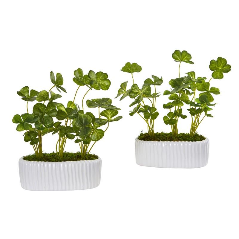 10"  Clover Artificial Plant in White Planter (Set of 2)