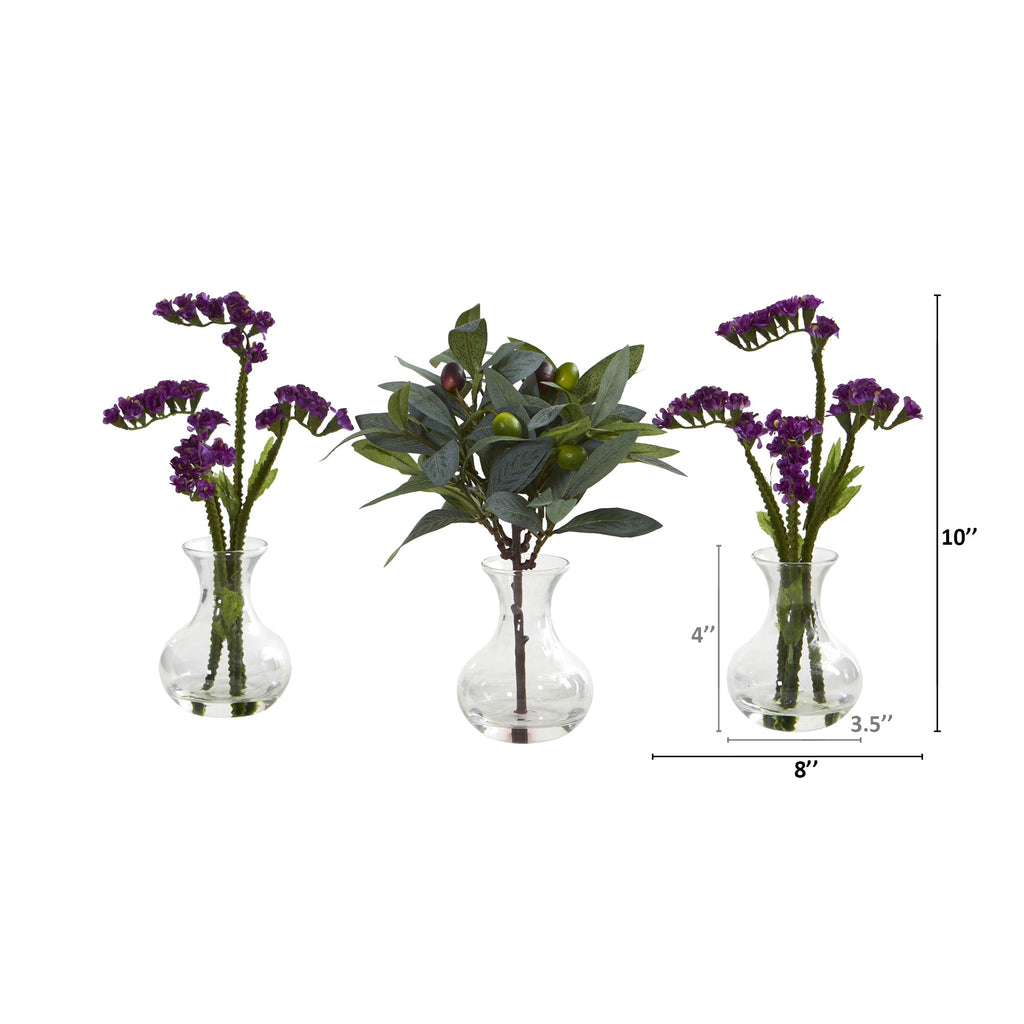 10" Baby Breath and Olive Artificial Arrangement in Vase (Set of 3)