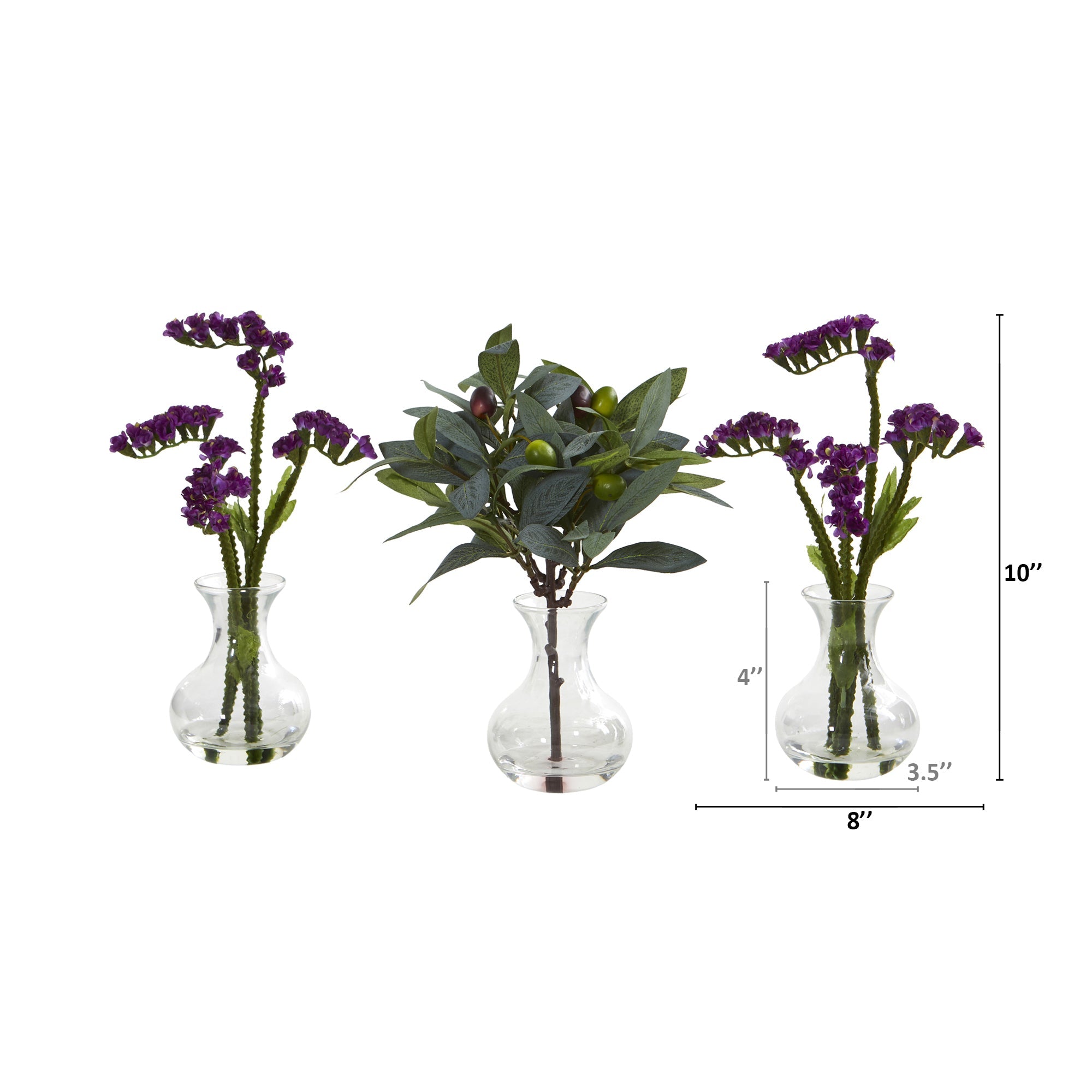 10" Baby Breath and Olive Artificial Arrangement in Vase (Set of 3)