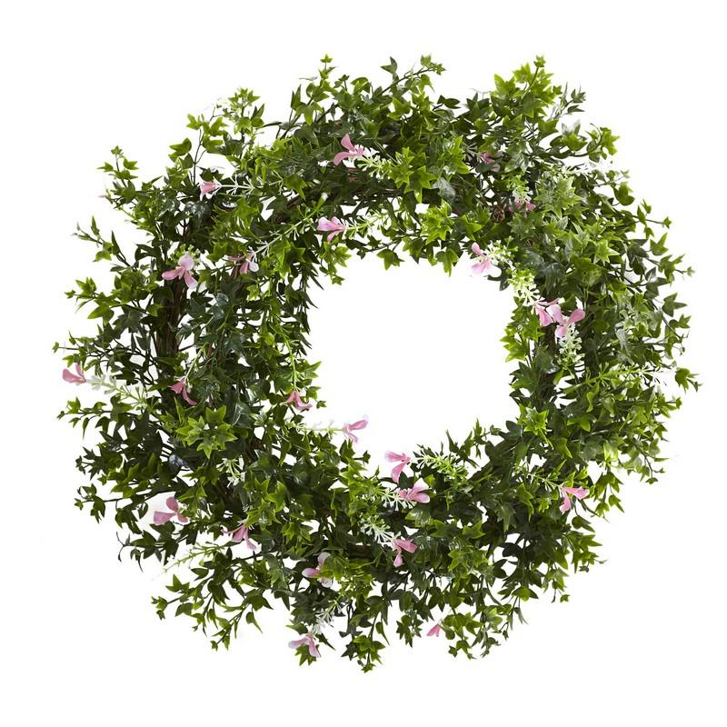 18"  Mini Ivy & Floral Double Ring Wreath w/Twig Base