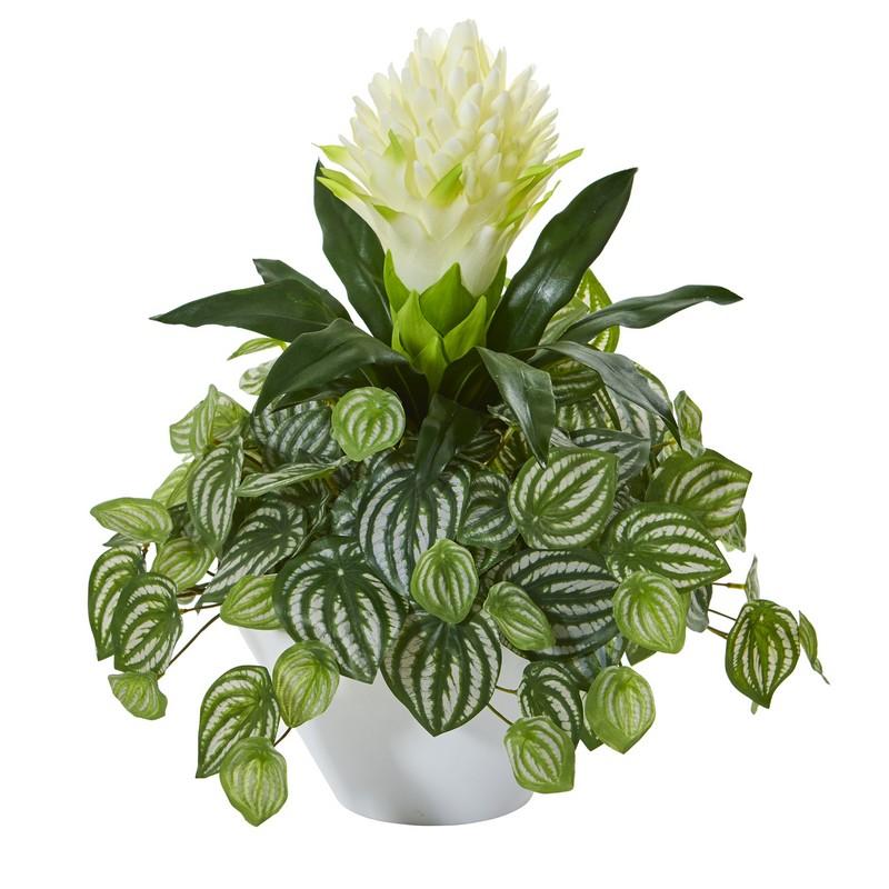 18"  Bromeliad & Peperomia Artificial Plant in White Bowl