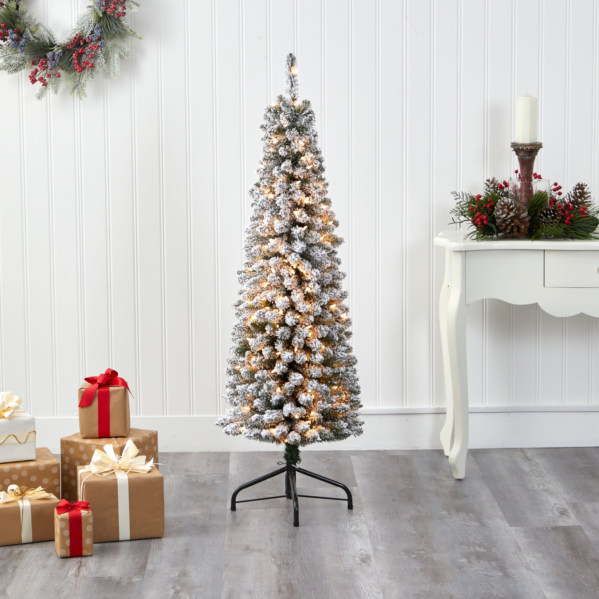 5' Flocked Pencil Artificial Christmas Tree w/ 200 Clear Lights & 318 Bendable