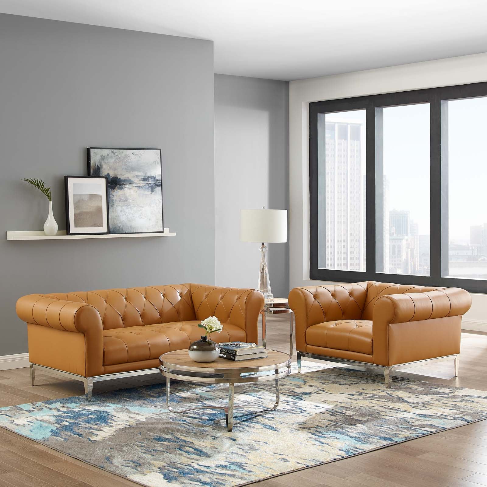 Idyll Tufted Upholstered Leather Loveseat and Armc
