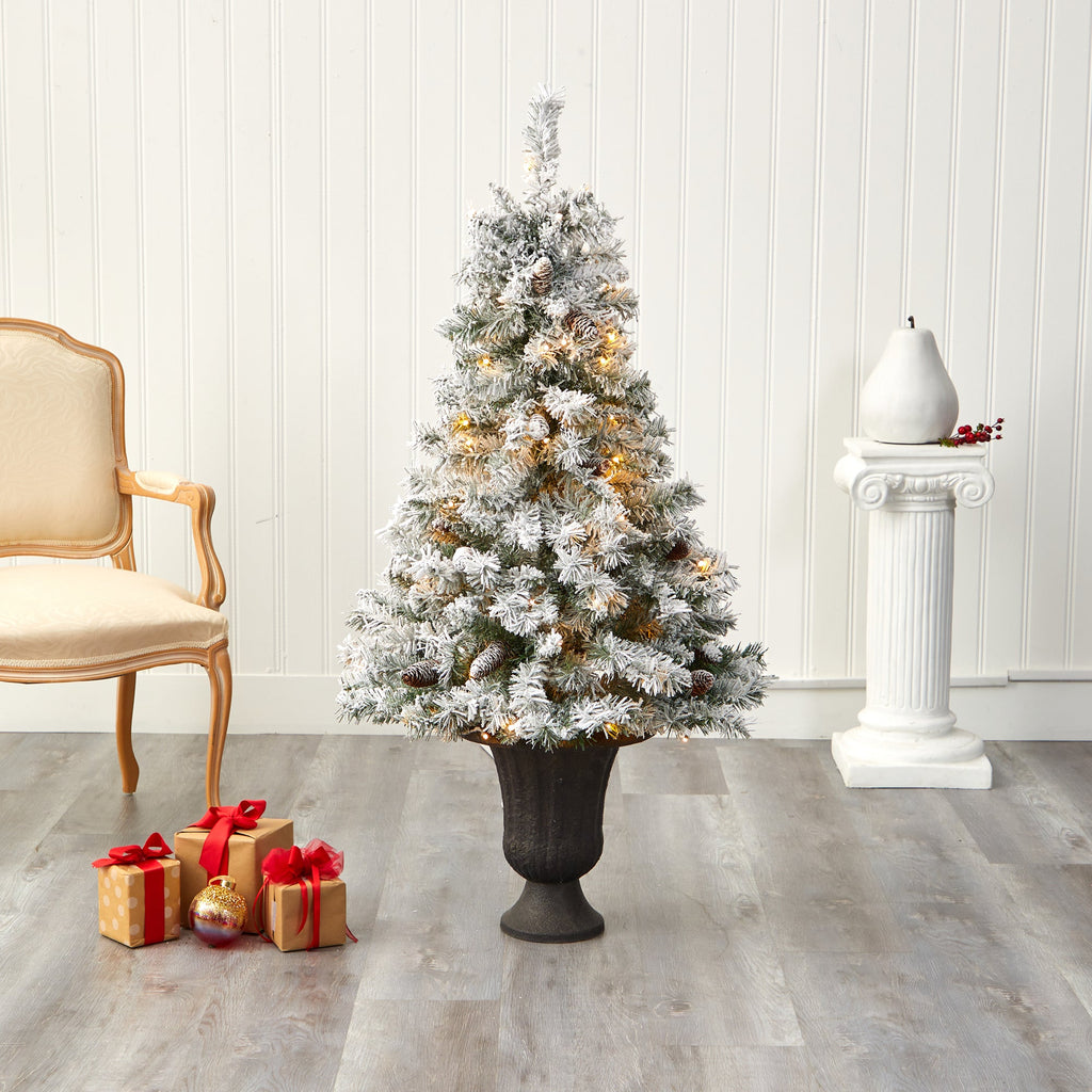 4.5' Flocked White River Mountain Pine Artificial Christmas Tree w/ Pinecones