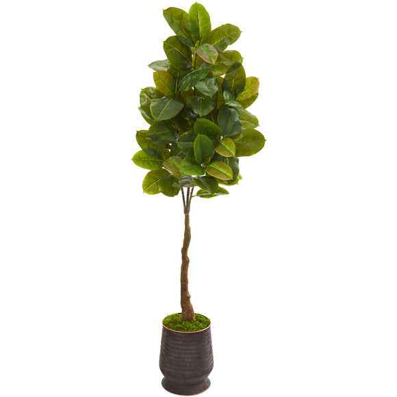 68" Rubber Leaf Artificial Tree in Ribbed Metal Planter (Real Touch)
