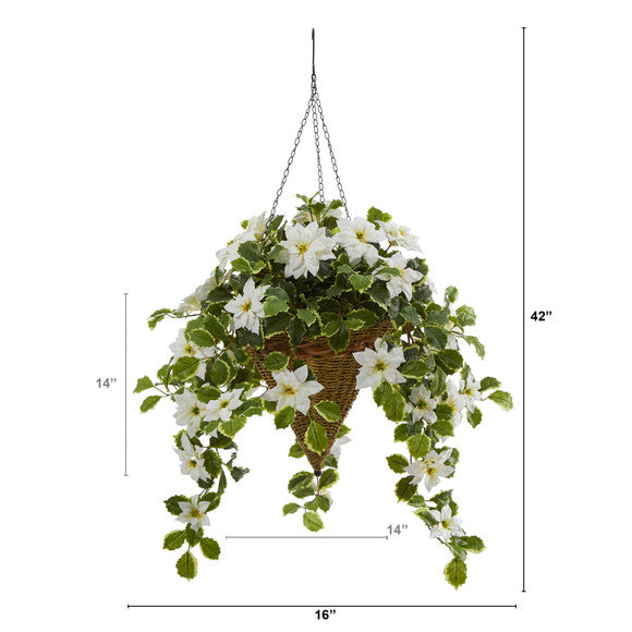 3.5' Poinsettia and Variegated Holly Artificial Plant in Hanging Cone Basket