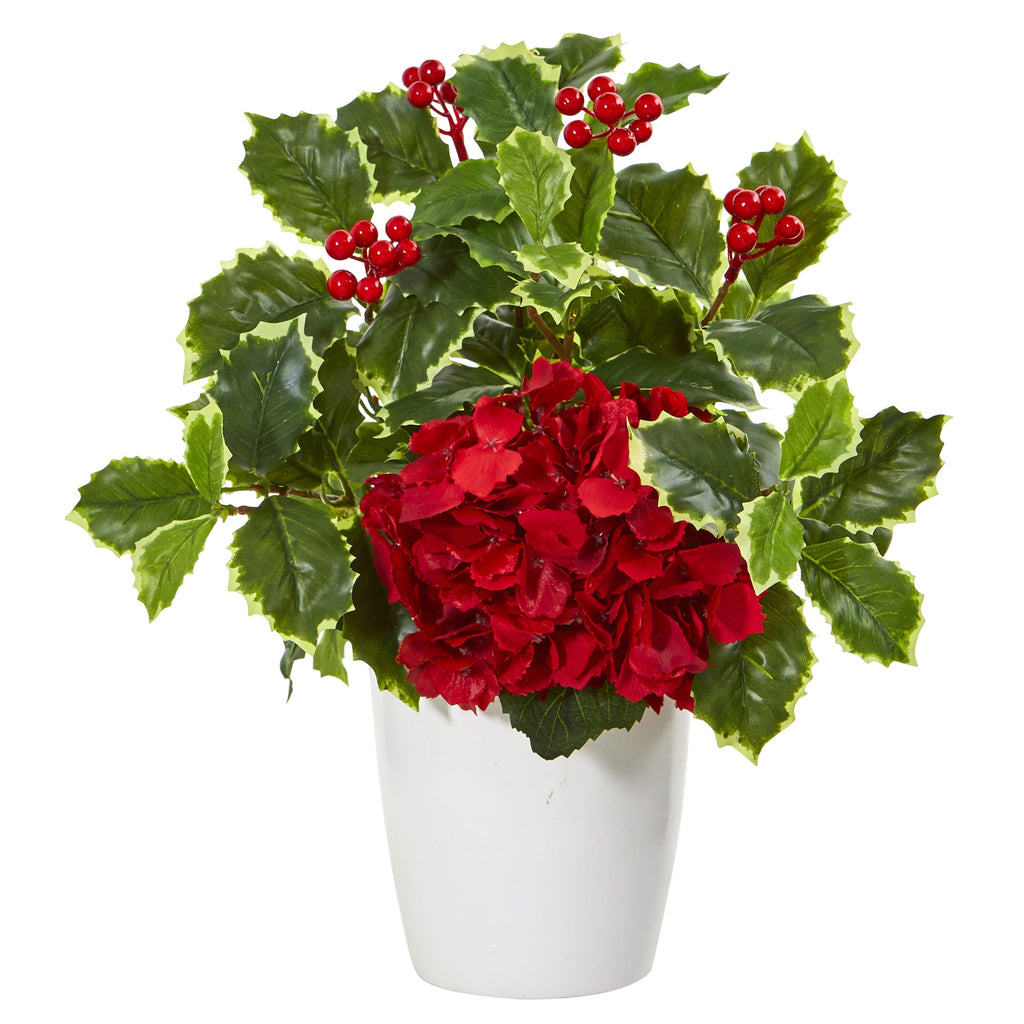14" Hydrangea and Holly Leaf Artificial Arrangement in White Vase