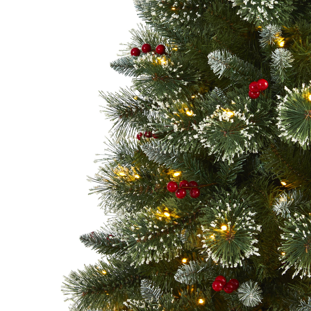 6' Frosted Swiss Pine Artificial Christmas Tree w/ 300 Clear LED Lights & Berrie