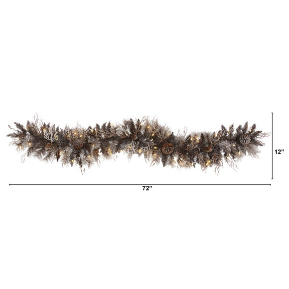6' Flocked Artificial Christmas Garland with 50 White Warm LED and Pine Cones
