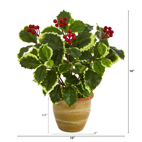 14" Variegated Holly Leaf Artificial Plant in Ceramic Planter (Real Touch)