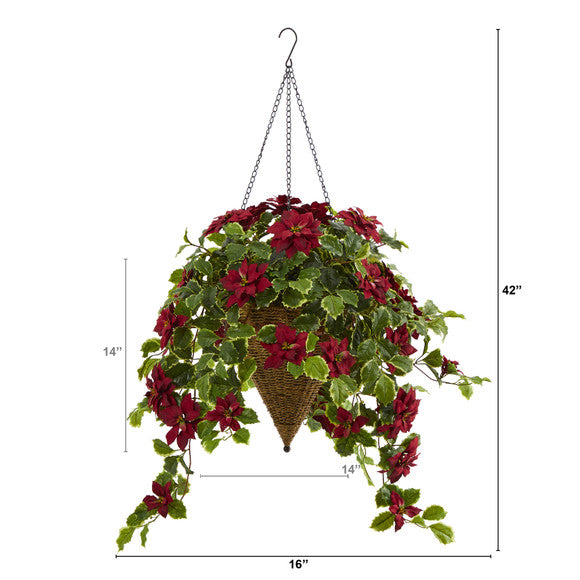 3.5' Poinsettia and Variegated Holly Artificial Plant in Hanging Cone Basket