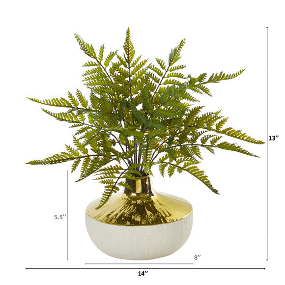 14" Fern Artificial Plant in Gold and Cream Elegant Vase