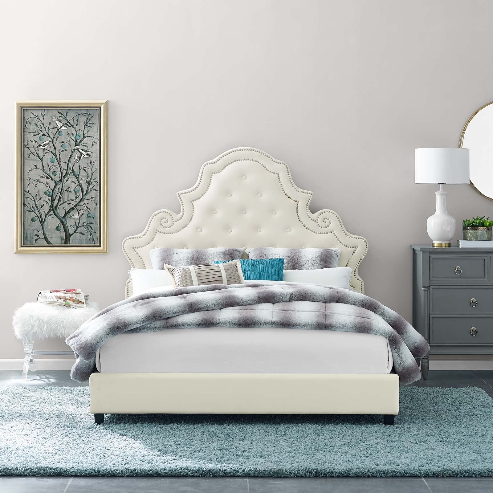 Valentina Tufted Nailhead Performance Velvet Queen Platform Bed by Modway