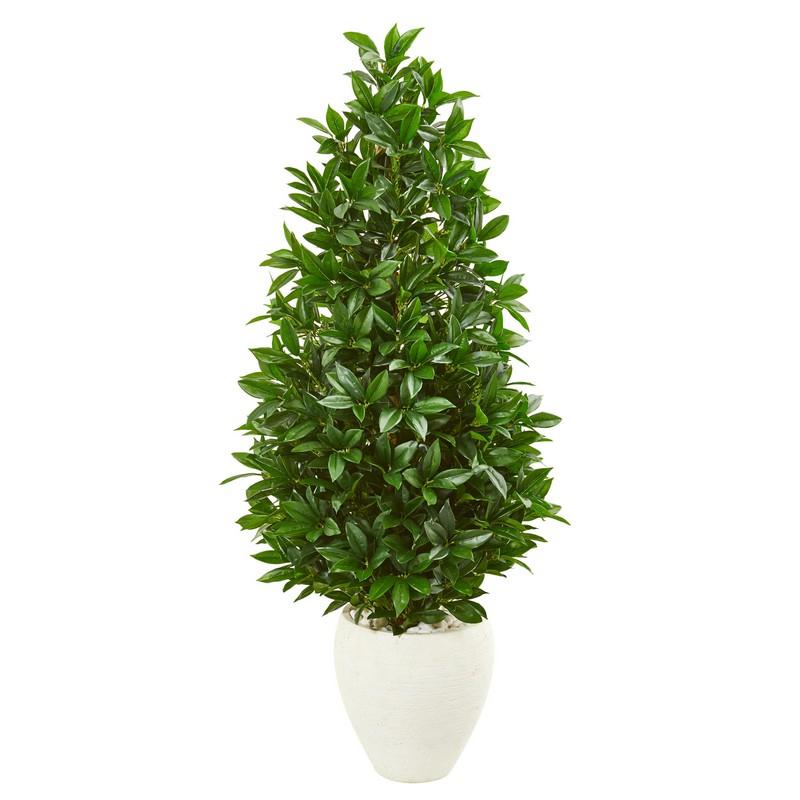4.5' Bay Leaf Cone Topiary Artificial Tree UV Resistant in White Planter