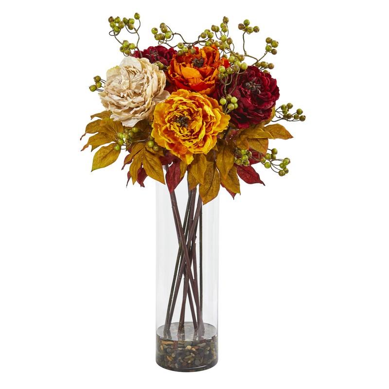 36"  Peony and Berries Artificial Arrangement in Large Cylinder Vase