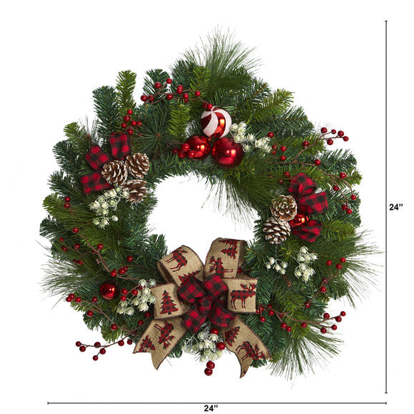 24" Christmas Pine Artificial Wreath with Pine Cones and Ornaments
