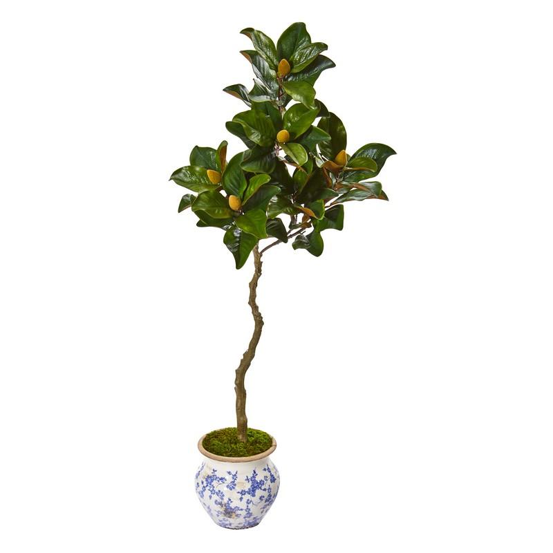 57"  Magnolia Artificial Tree in Vintage Floral Planter