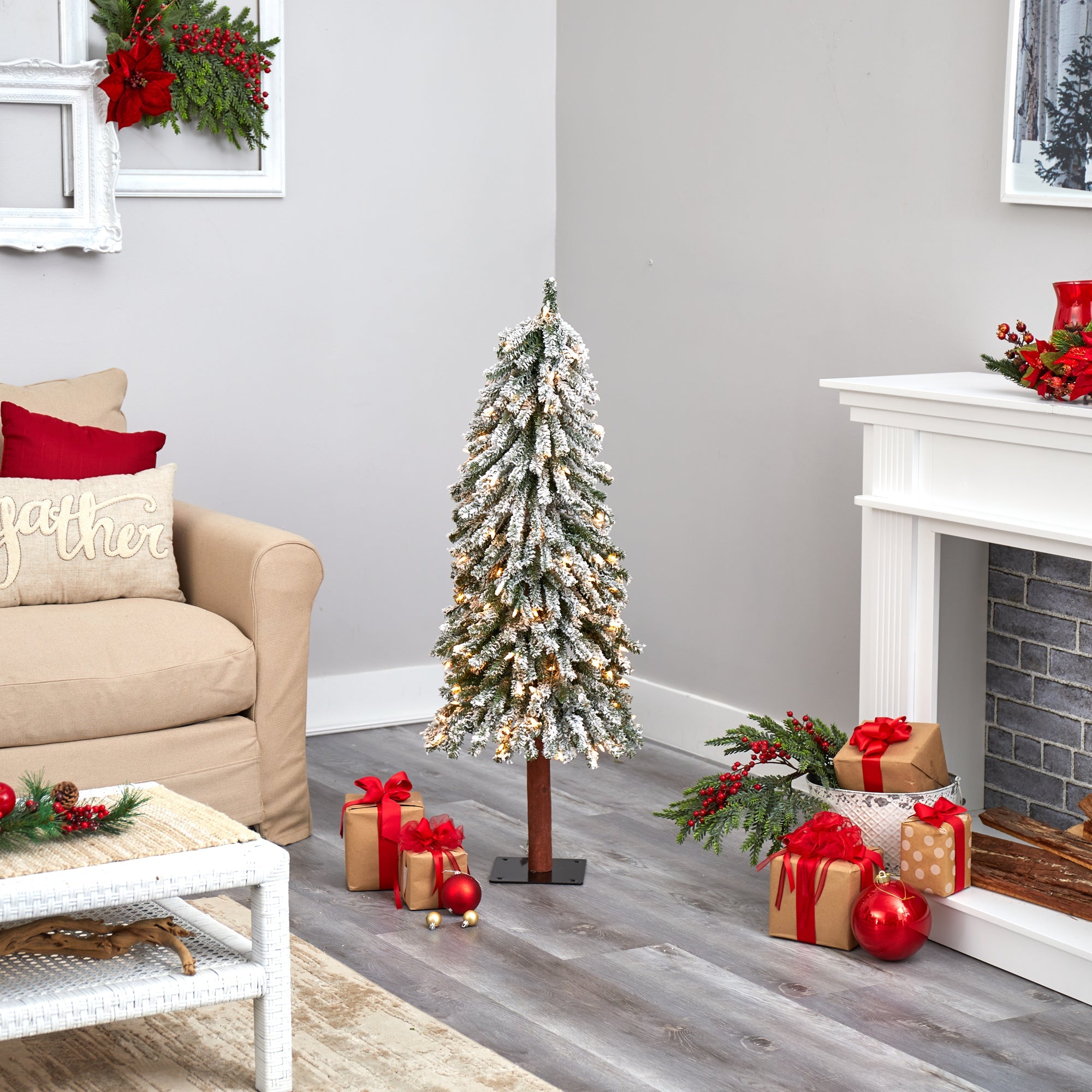 4' Flocked Gr& Alpine Artificial Christmas Tree w/ 100 Clear Lights