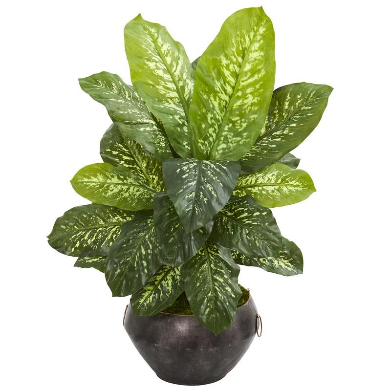 35" Dieffenbachia Artificial Plant In Metal Bowl (Real Touch)
