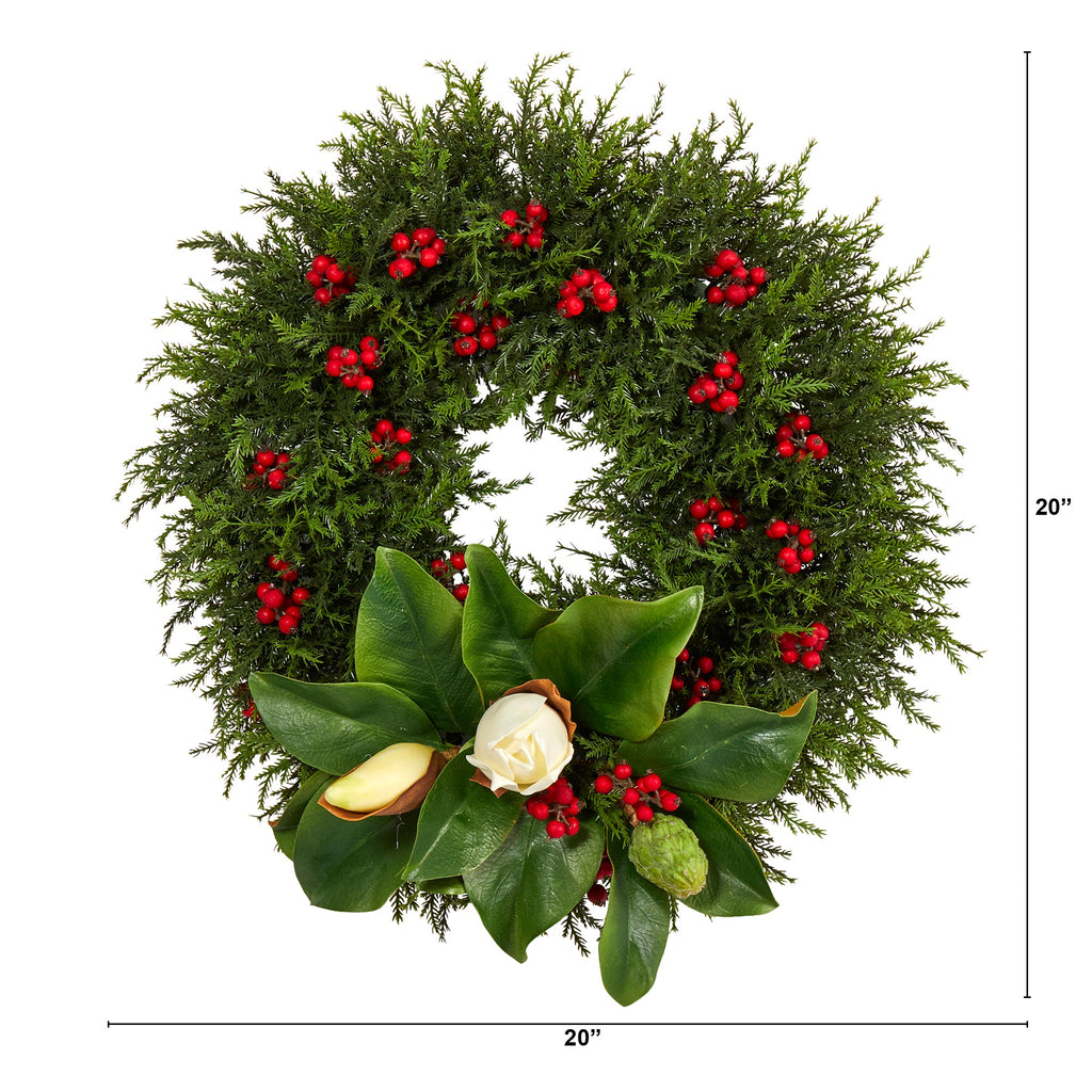 20" Cedar, Berries and Magnolia Artificial Christmas Wreath