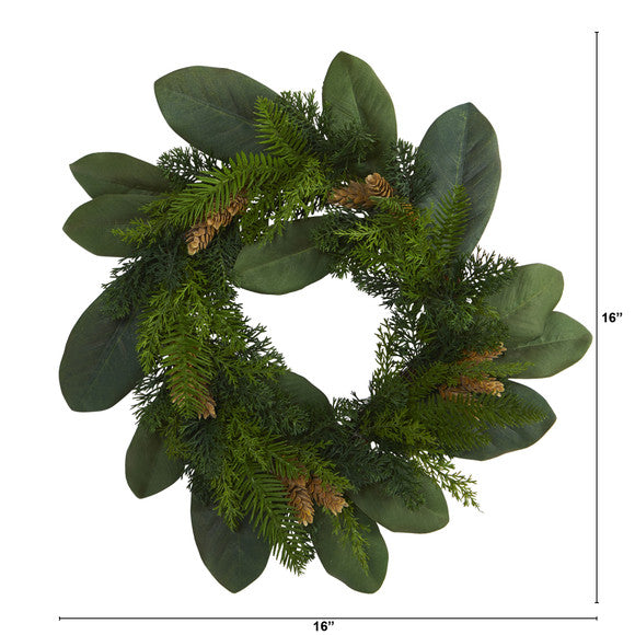 16" Magnolia Leaf and Mixed Pine Artificial Wreath with Pine Cones