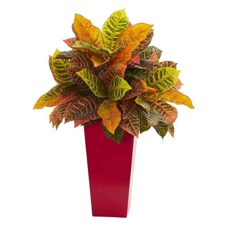 27"  Croton Artificial Plant in White Tower Planter (Real Touch)