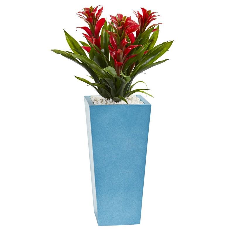 26"  Triple Bromeliad Artificial Plant in Turquoise Tower Vase