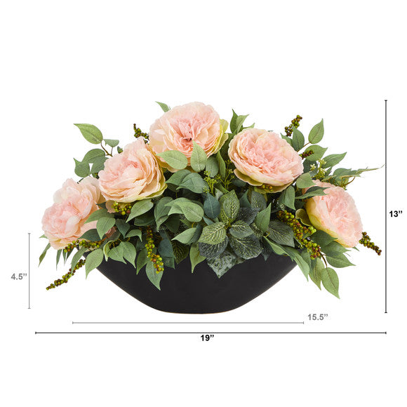 19" Peony and Mixed Greens Artificial Arrangement in Black Vase