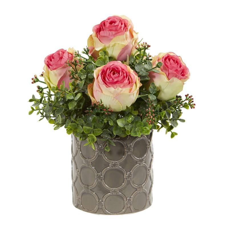 11"  Roses and Eucalyptus Artificial Arrangement in Designer Vase