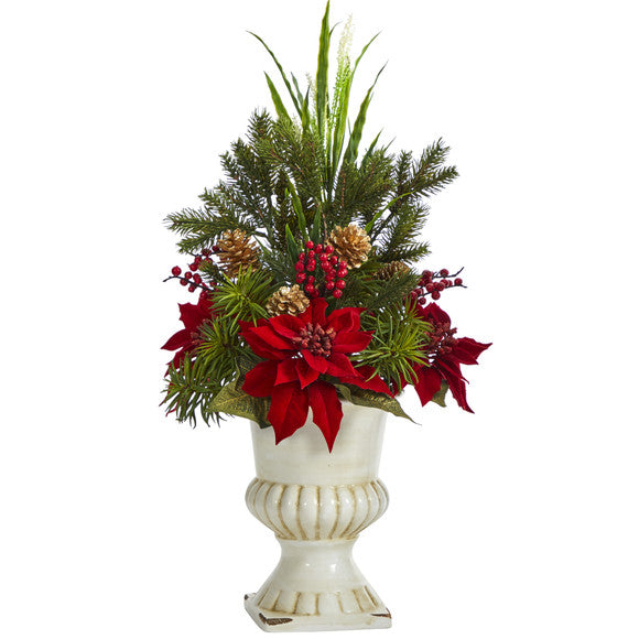 28" Poinsettia, Grass and Succulent Artificial Arrangement in White Urn