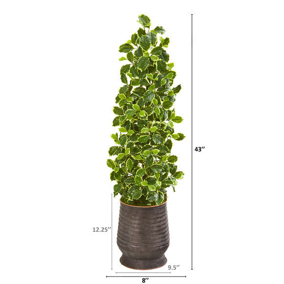 43" Variegated Holly Leaf Artificial Tree in Ribbed Metal Planter (Real Touch)