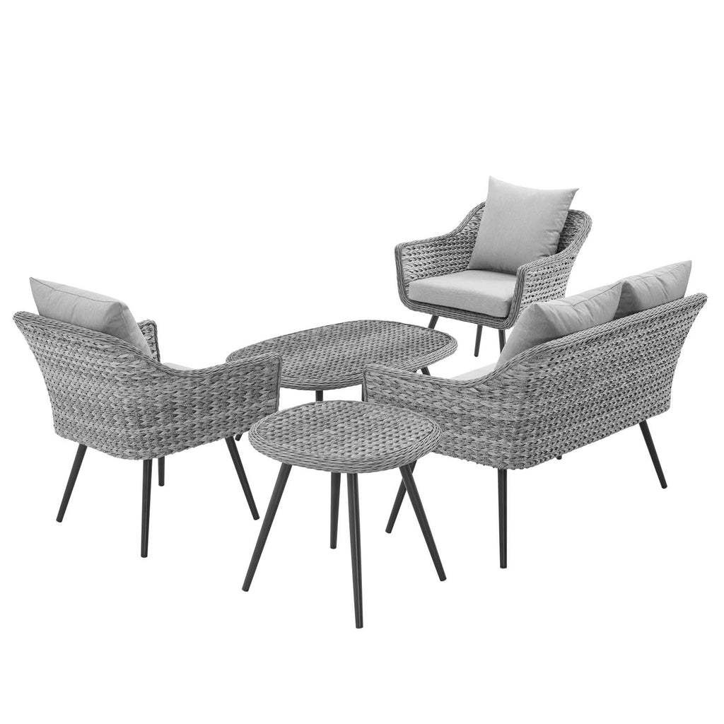 Endeavor 5 Piece Outdoor Patio Wicker Rattan Loveseat Armchair Coffee + Side Table Set by Modway