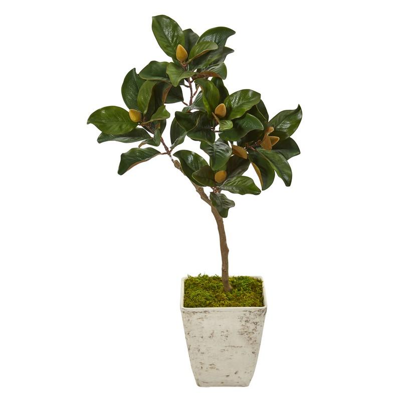 42" Magnolia Leaf Artificial Tree In Country White Planter
