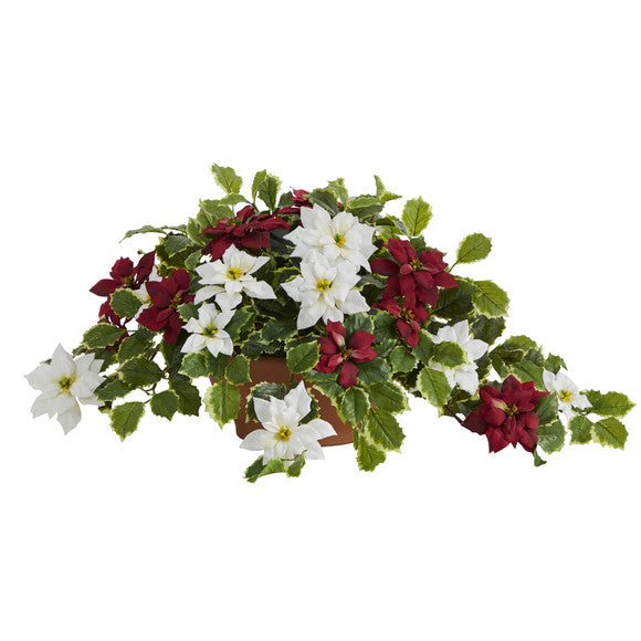26" Poinsettia and Variegated Holly Artificial Plant in Terra-Cotta Planter