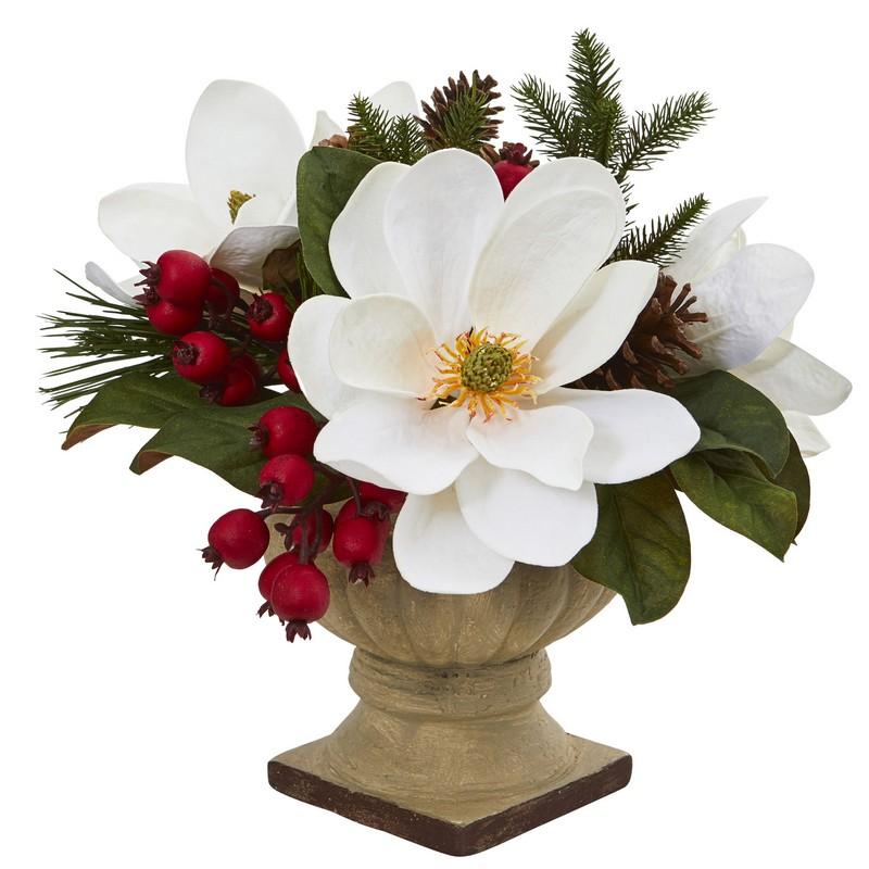 15" Magnolia, Pine and Berries Artificial Arrangement