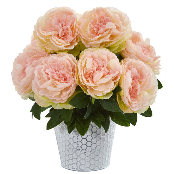 15" Peony Artificial Arrangement in Embossed White Vase