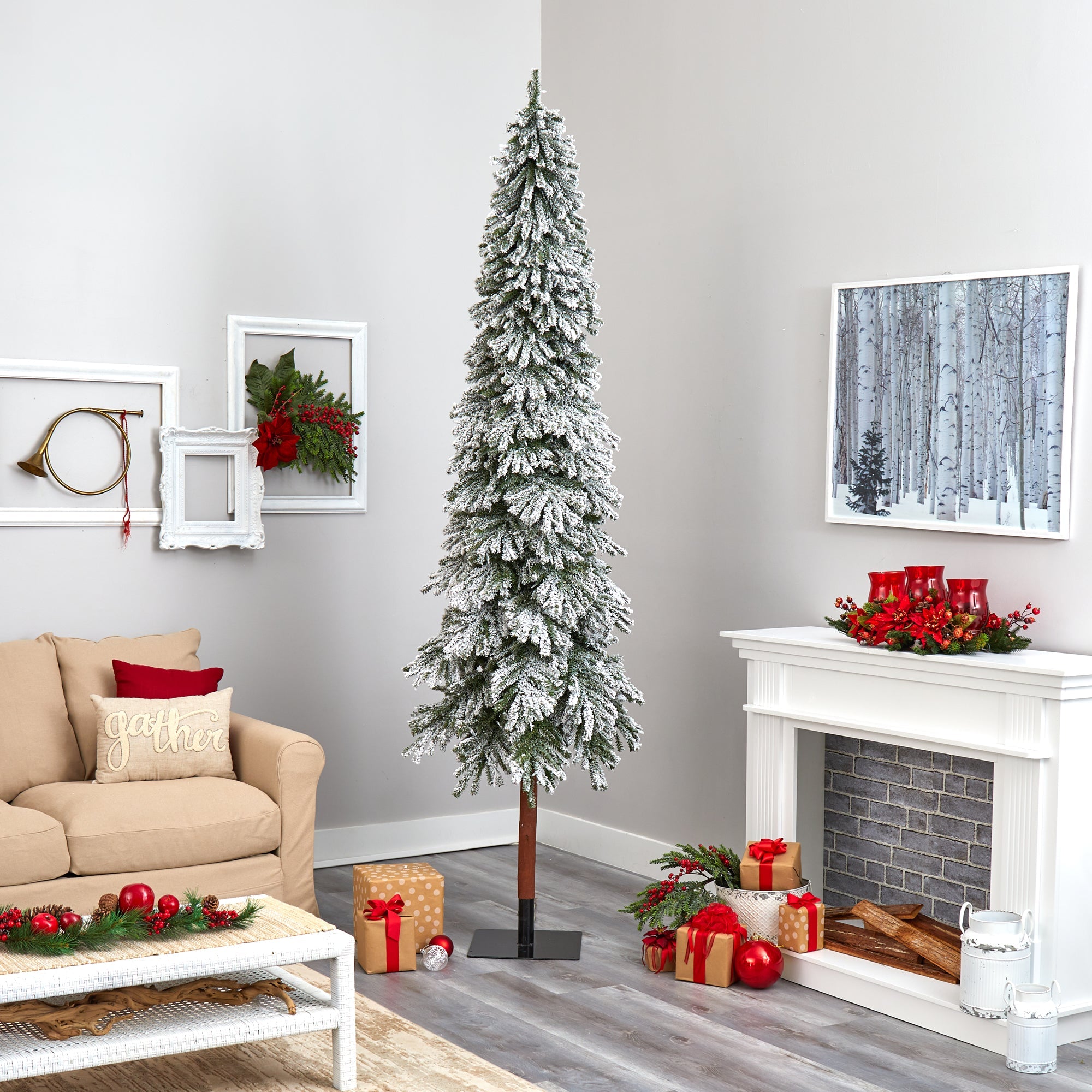 9' Flocked Gr& Alpine Artificial Christmas Tree w/ 600 Clear Lights