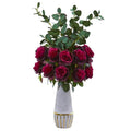 26"  Rose and Eucalyptus Artificial Arrangement in Stoneware Vase w/Gold Trim