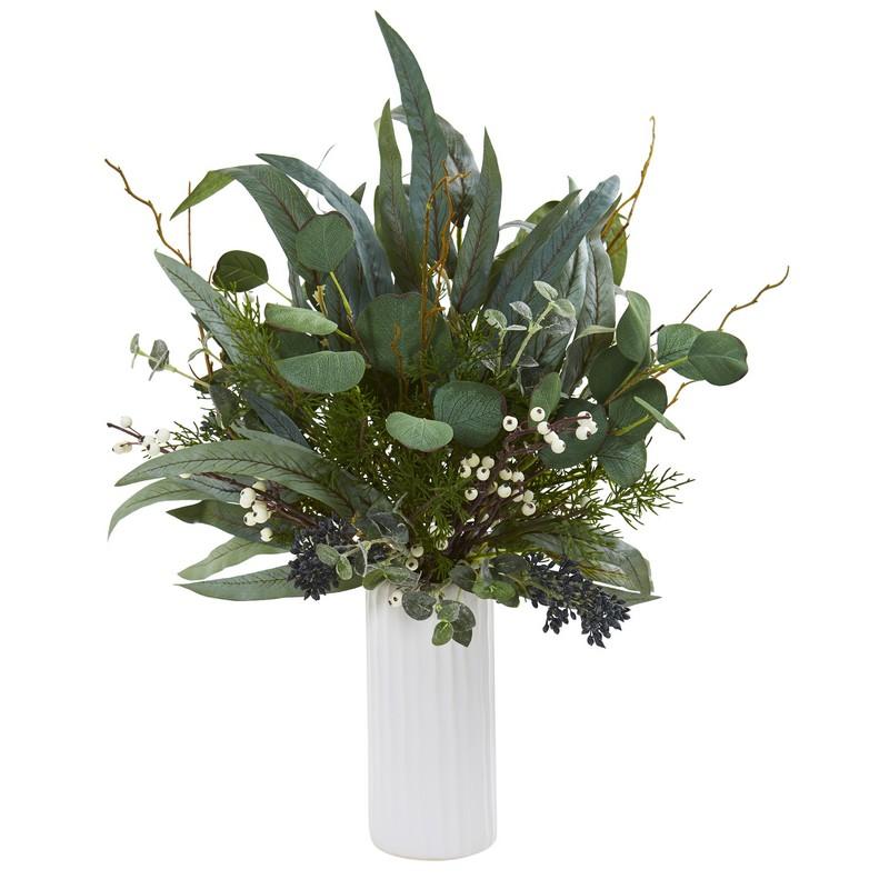 22"  Eucalyptus Artificial Plant in White Cylinder Vase
