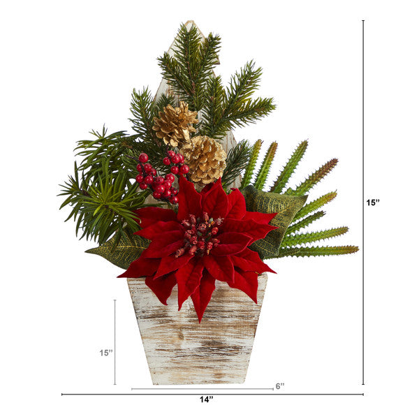 15" Poinsettia, Cactus and Succulent Artificial Arrangement in Christmas Tree
