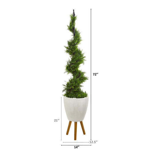 6' Cypress Artificial Spiral Topiary Tree in White Planter with Stand