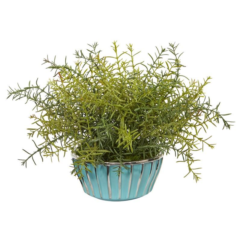 11"  Rosemary Artificial Plant in Turquoise Bowl with Silver Trimming