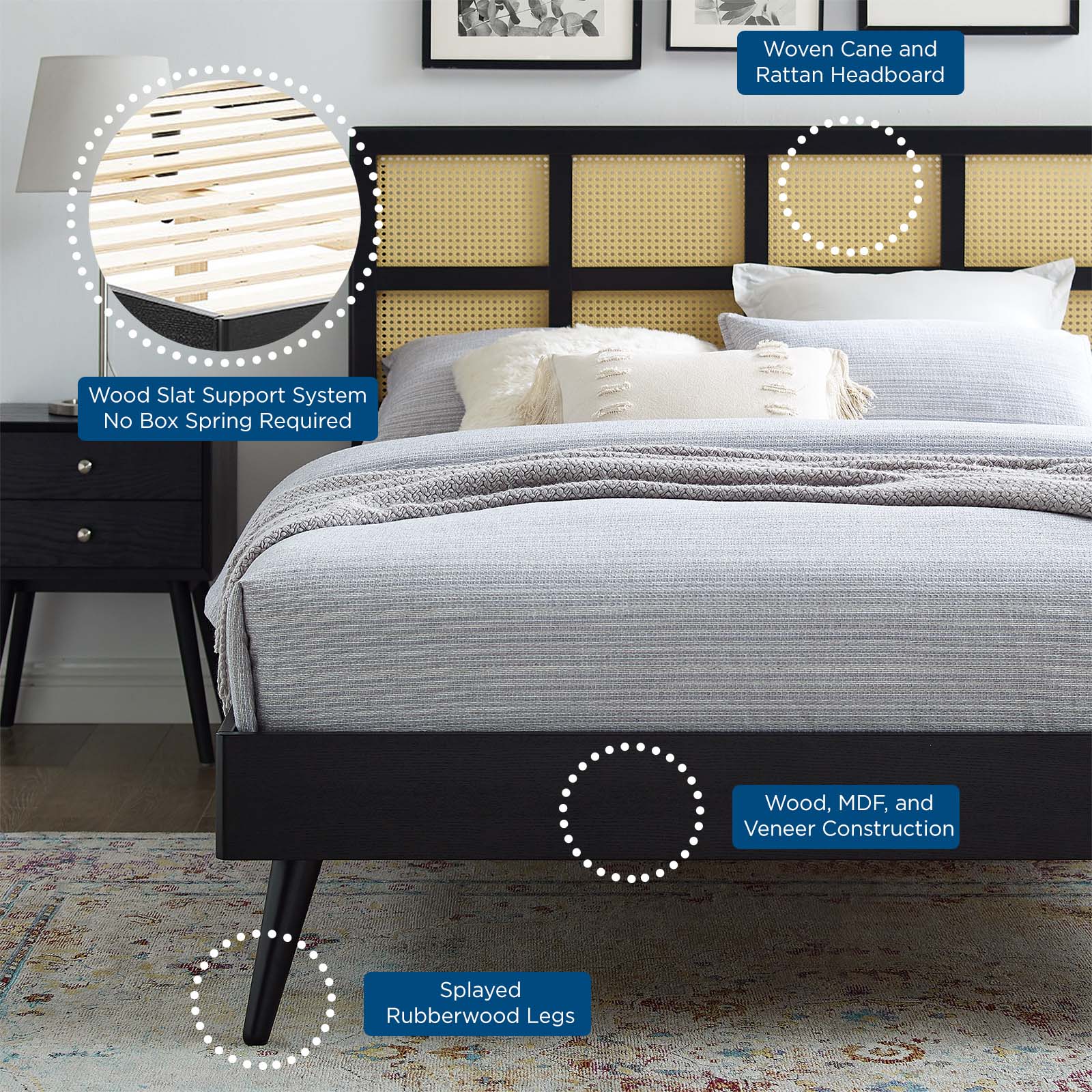 Sidney Cane and Wood King Platform Bed With Splayed Legs by Modway