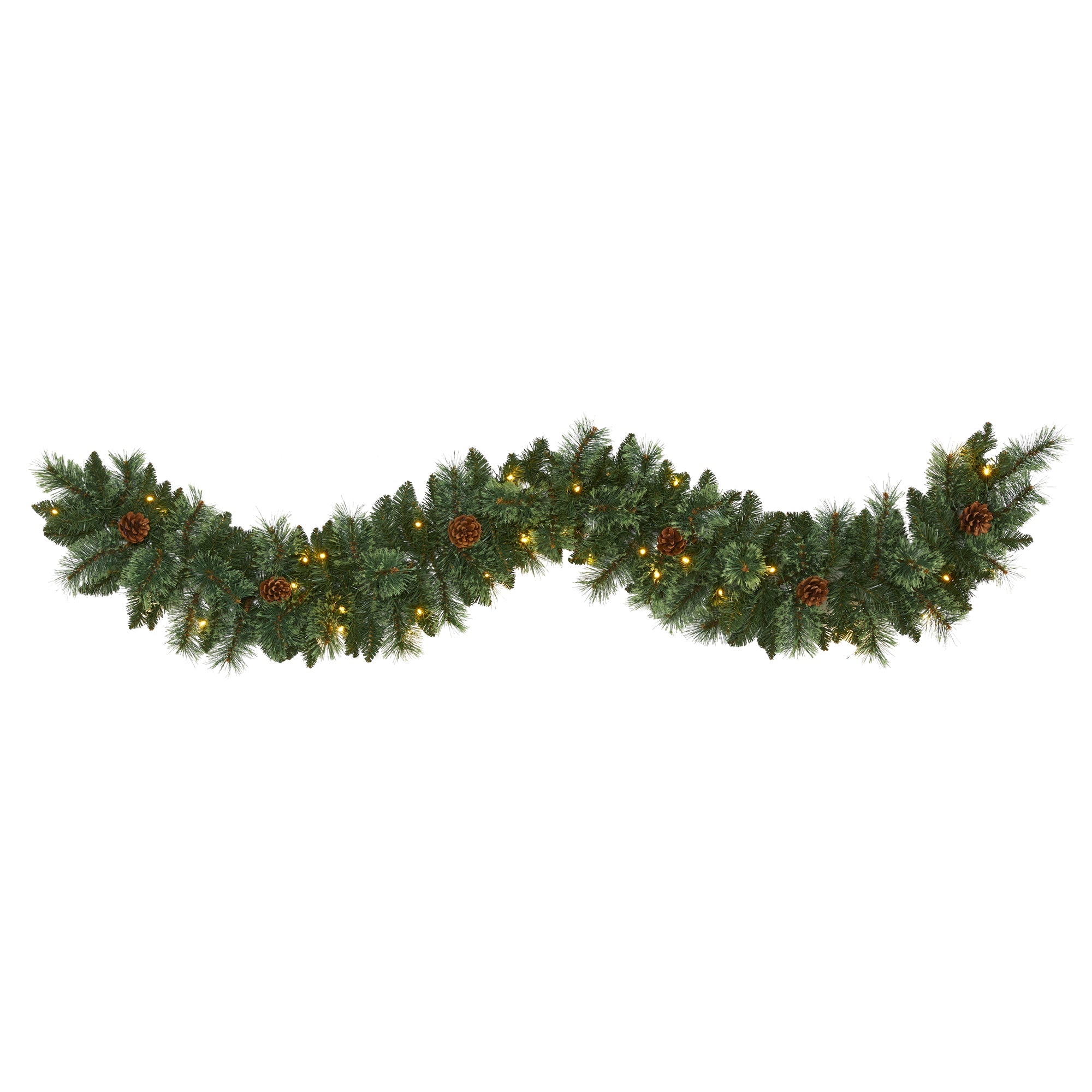 6' White Mountain Pine Artificial Garland w/ 35 White Warm LED Lights/Pinecones
