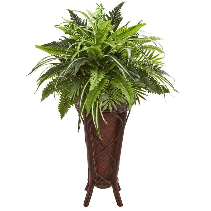 32"  Mixed Greens and Fern Artificial Plant in Decorative Stand