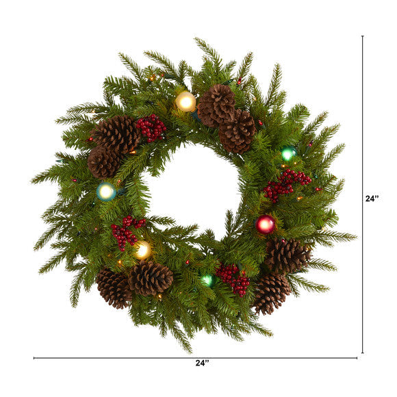 24" Christmas Artificial Wreath with 50 Multicolored Lights