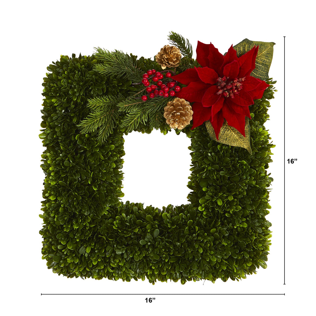 16" Tea Leaf and Poinsettia Artificial Square Wreath