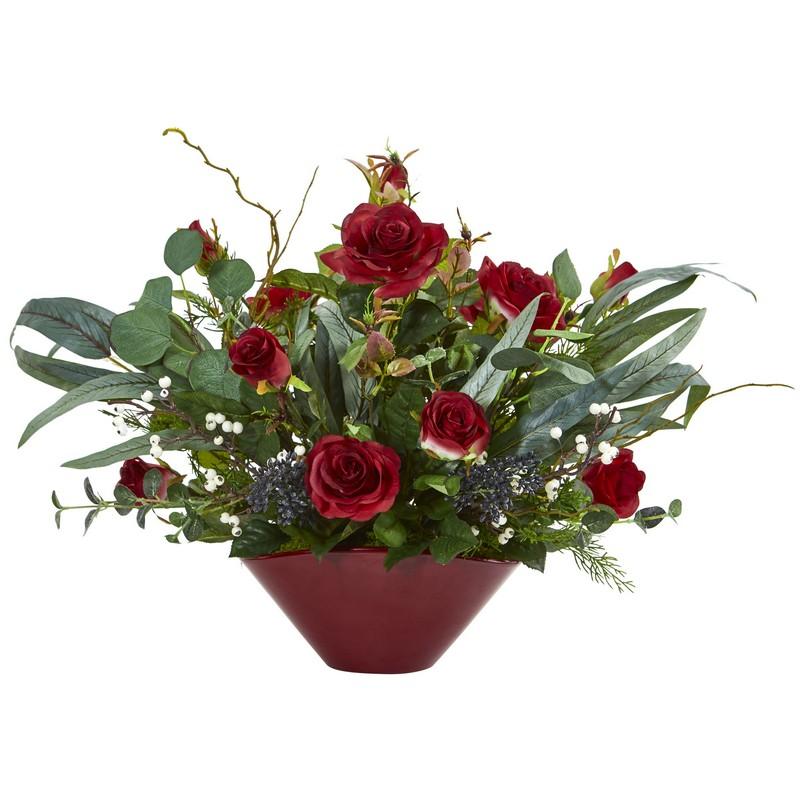 16"  Rose and Eucalyptus Artificial Arrangement in Vase