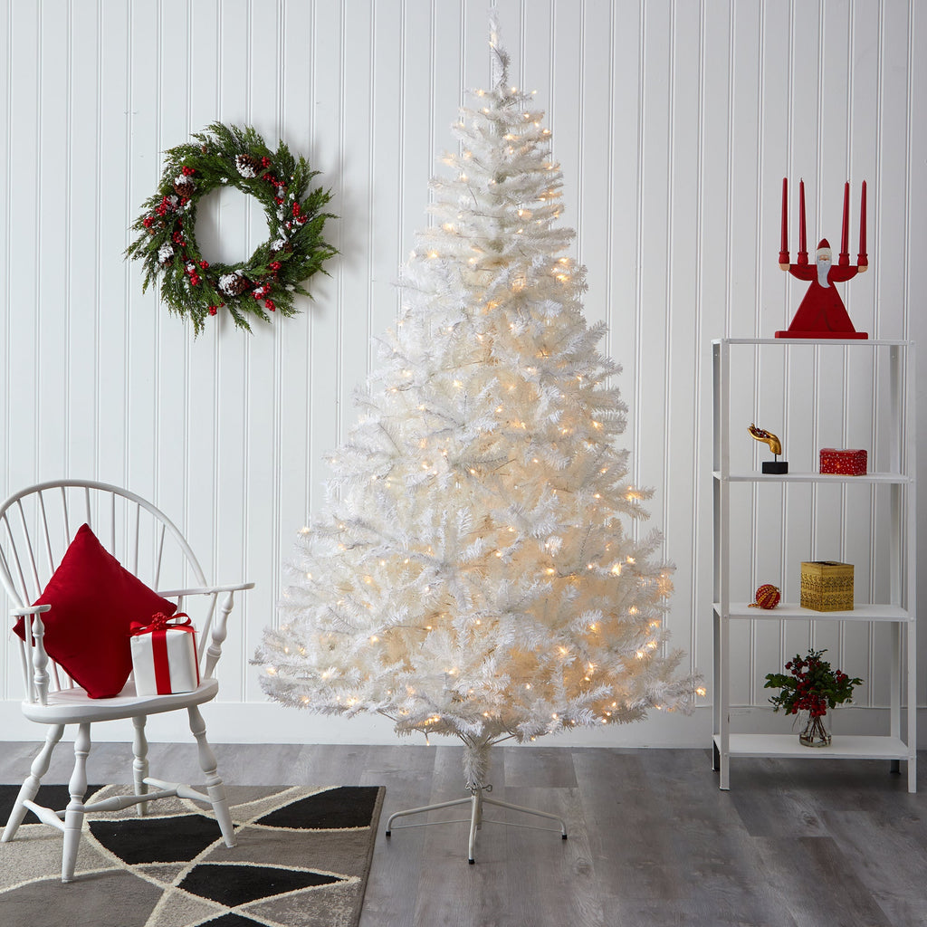 8' White Artificial Christmas Tree w/ 1500 Bendable Branches and 450 LED Lights