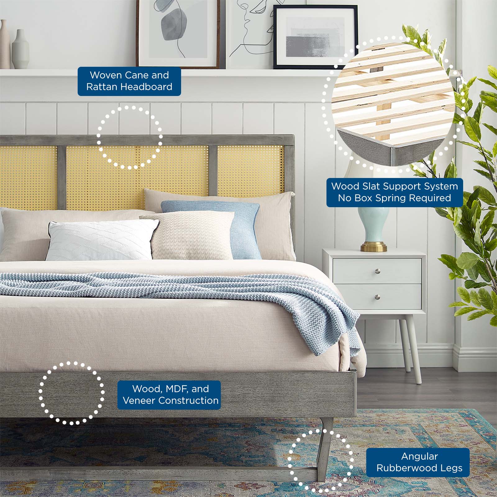 Kelsea Cane and Wood Full Platform Bed With Angular Legs by Modway